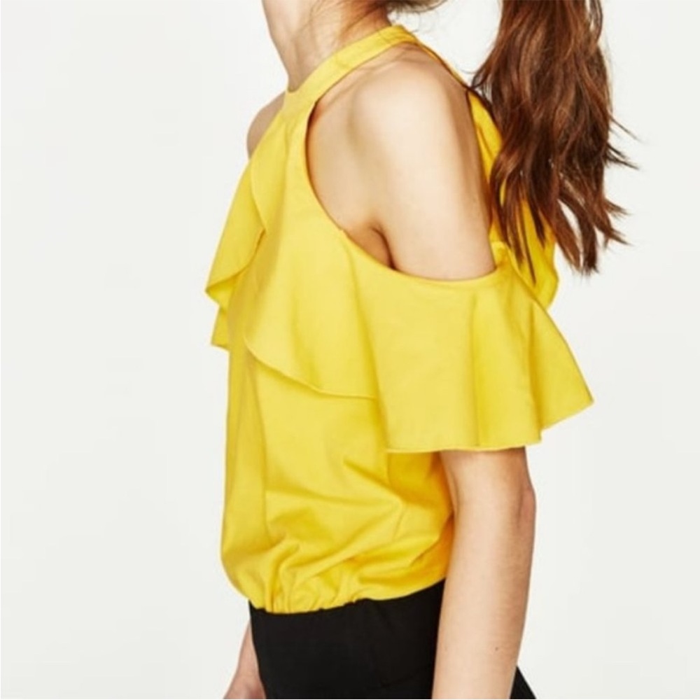 Zara Bright Yellow Ruffle Cold Shoulder Bodysuit, size M
